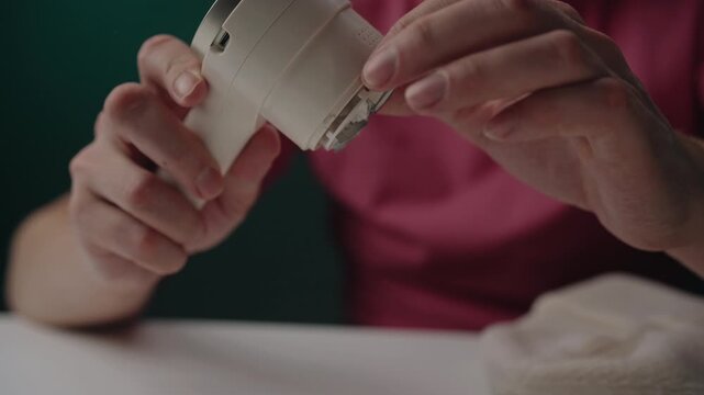 Closeup of person hands opening portable electric lint remover to clean dust collector, performing maintenance on device used for removing pills from clothes. Shooting in slow motion.
