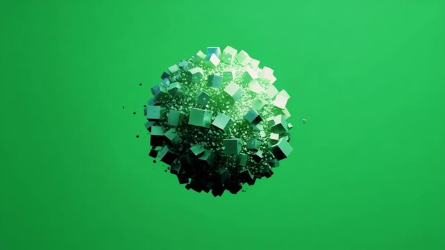 A cluster of 3d cubes exploding on a green background with debris flying everywhere around