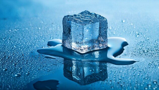 single melting ice cube with water droplets on reflective blue surface cold refreshing concept
