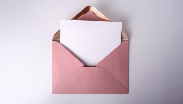 open pastel pink envelope with blank card isolated on white background invitation mockup