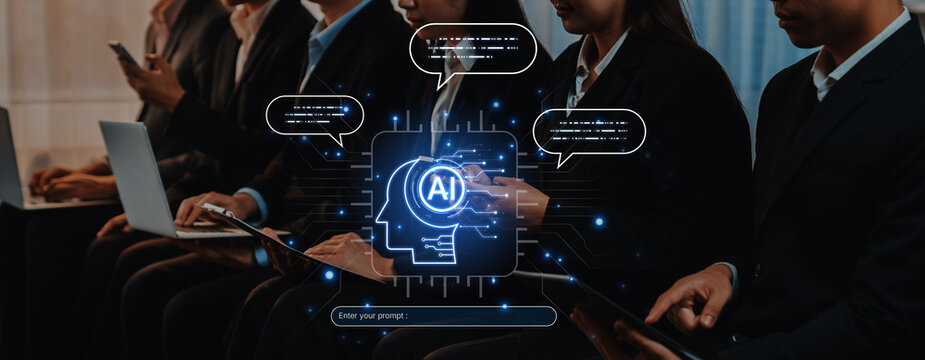Futuristic concept of AI prompt engineering showing NLP AI neural processor unit converting text commands into intelligent AI responses. LLM, ASR conversational AI chatbot development, and NLP. Corpus