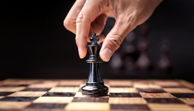 a hand is moving a black king chess piece
