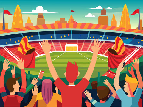 Fans cheering in packed stadium during match day celebration