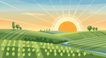 Naklejka premium Rolling farmland bathed in sunrise light with winding river