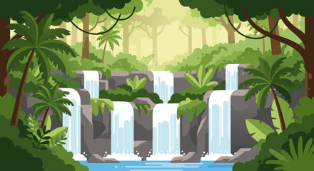Fototapeta premium Waterfalls cascading through dense tropical jungle pool