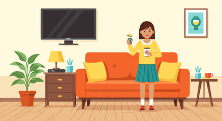 Fototapeta premium Young woman holding mug standing in living room interior
