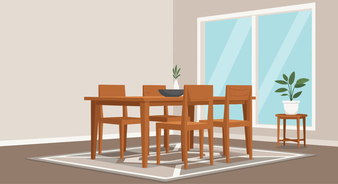 Wooden dining table and chairs in modern dining room interior