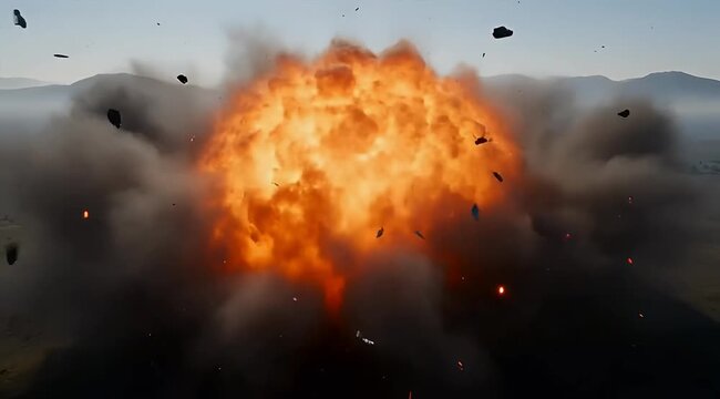 Cinematic fireball explosion with smoke and flying debris