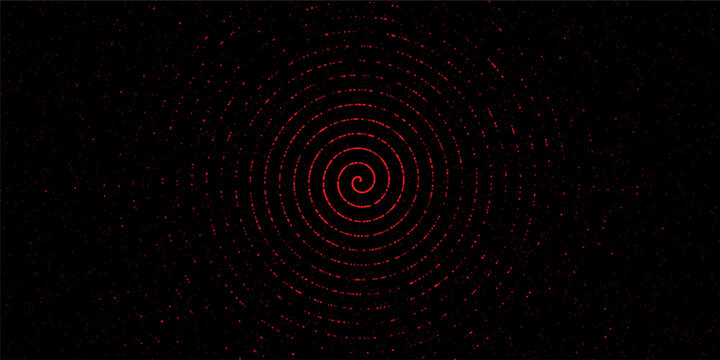 Red spiral halftone dot pattern on black background, abstract vortex swirl with glowing particles, futuristic digital tunnel effect, dynamic motion vector illustration