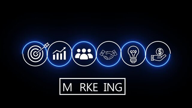 Marketing strategy animation with neon blue glowing business icons and text box on black background.