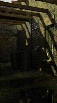 Light falls through the windows of an alley. Shadows stretch across the brick walls. The ground is wet, and objects can be seen near the walls. It is late afternoon with a warm ambiance.
