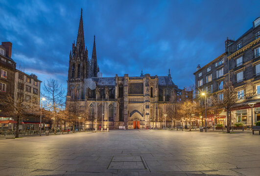 Clermont-Ferrand, France - view of cathedral at dusk from Place de la Victoire square