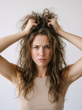 Frustrated young woman pulling her messy frizzy hair. Unhappy female portrait with damaged or tangled hair on white background. Bad hair day concept
