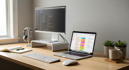 Fototapeta premium Modern home office setup with laptop, monitor, and minimalist workspace