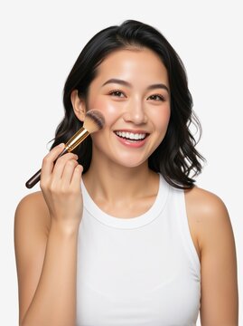 Smiling young Asian woman applying blush with a makeup brush. Beauty and cosmetics concept on white background
