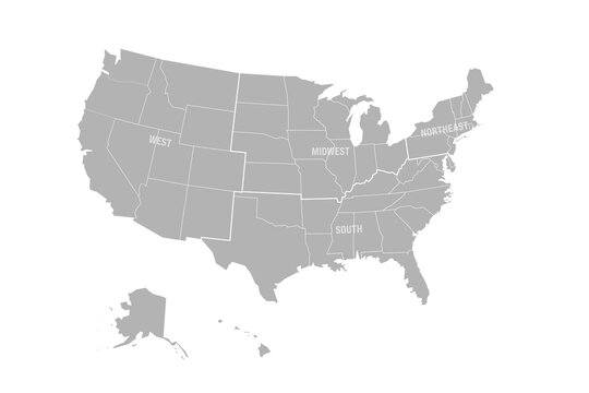 Regions and Divisions of United States - statistical units defined by US Census Bureau. Grey vector map.