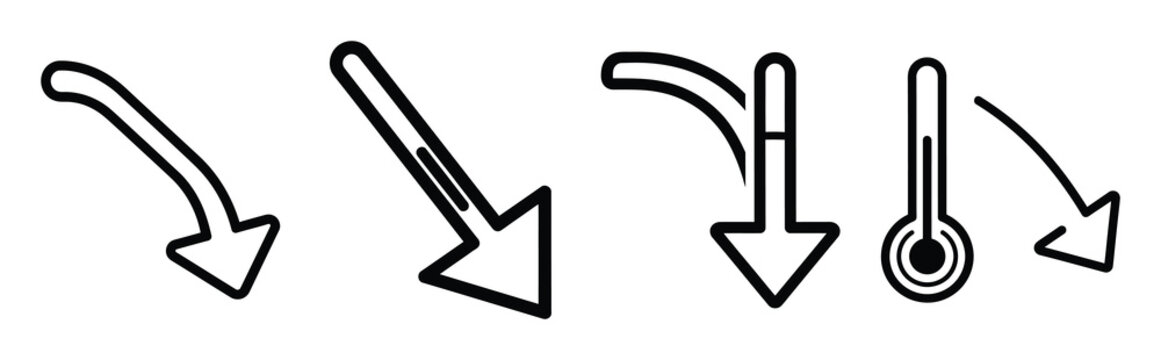 Minimal outline  temperature decrease arrow icon set in editable stroke style. Air conditioning icon set.