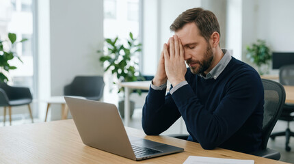 Naklejka premium Stressed businessman sitting at desk with laptop. Tired professional man in office environment. Concept of workplace burnout and mental fatigue