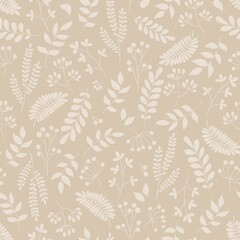 Fototapeta premium Seamless botanical hand drawn pattern with off-white silhouettes of leaves, branches and berries on beige background. Elegant natural repeat design for textiles, packaging, branding, wallpaper, decor