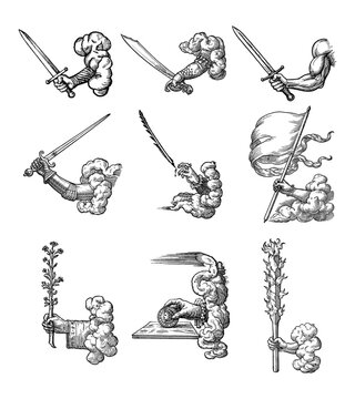 Vintage engraved medieval hands holding sword, flag and objects set in antique style