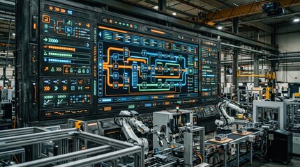 Fototapeta premium Medium shot focused on an alertdriven digital twin system highlighting machine anomalies and automated notifications for predictive maintenance.