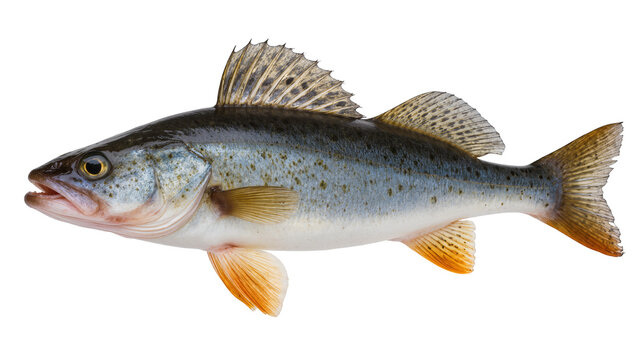 Single walleye fish with detailed scales and fins, isolated on transparent background