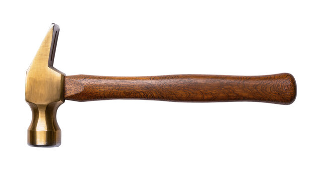 Brass jeweler s hammer with wooden handle, isolated on transparent background