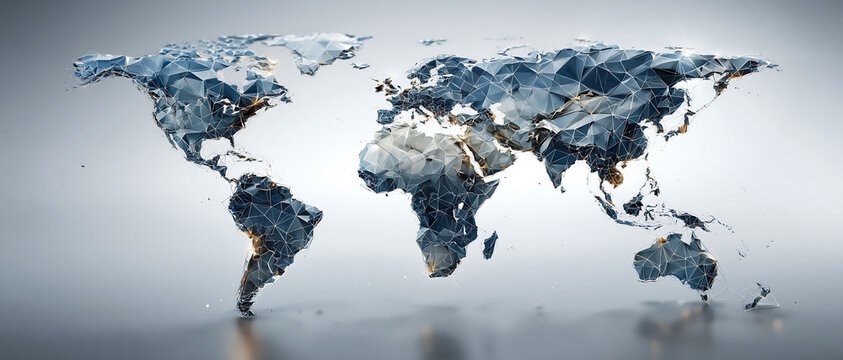 Abstract 3D world map with blue gray textured continents on a soft gradient background. Modern global illustration with detailed relief and futuristic visual depth.