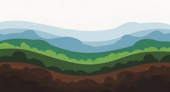 Stylized layered landscape with rolling hills abstract mountains and pale sky vibrant colors