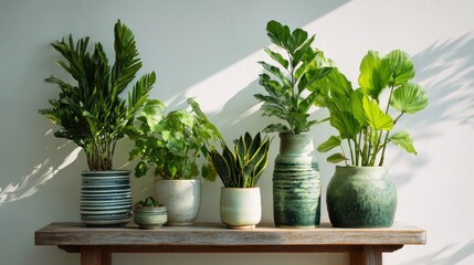 Fototapeta premium Potted plants sit on a table by a white wall.