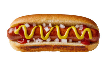Juicy grilled hot dog with ketchup and mustard diced onions, isolated on transparent background