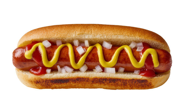 Juicy grilled hot dog with ketchup and mustard diced onions, isolated on transparent background