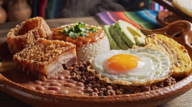 Delicious Brazilian Feijoada Platter with Fried Egg and Crispy Pork Belly.