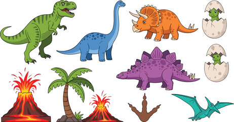 Dinosaur and Prehistoric Life Vector Set with T-Rex, Brachiosaurus, Triceratops, Stegosaurus, Volcano, Palm Tree, Dinosaur Eggs, and Pterodactyl Icons for Digital, Web, and Print Media Designs © MstFiroza