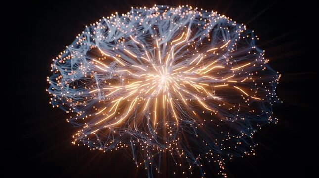 Abstract digital brain with glowing neural connections and pulsing light nodes on a dark background, cinematic and futuristic, visualizing intelligence, networks, and high-tech neural activity.