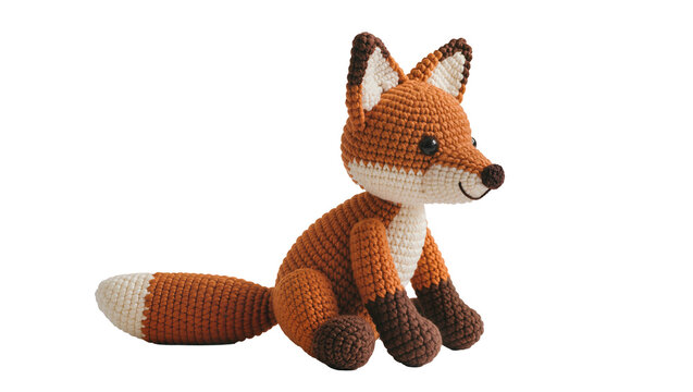 Crocheted orange fox toy with white belly and tail tip, isolated on transparent background