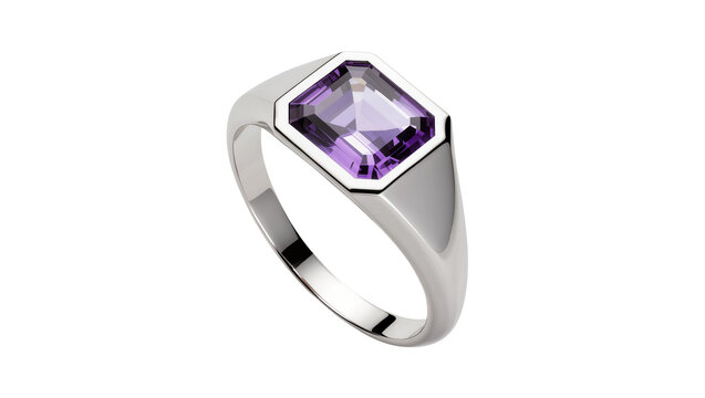 Polished silver signet ring with faceted amethyst gemstone, isolated on transparent background