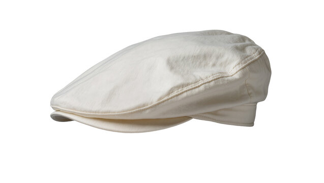 Cream colored flat cap with stitched seams, isolated on transparent background
