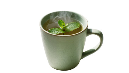 Steaming mug of herbal tea with fresh mint leaves, isolated on transparent background © Bogdan