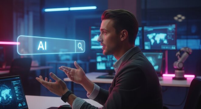Man interacting with AI search bar hologram in modern office