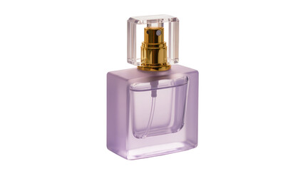 Obraz premium Frosted purple glass perfume bottle with gold spray pump, isolated on transparent background