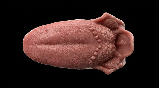 Human tongue anatomy isolated on black background. Detailed medical illustration of oral cavity organ