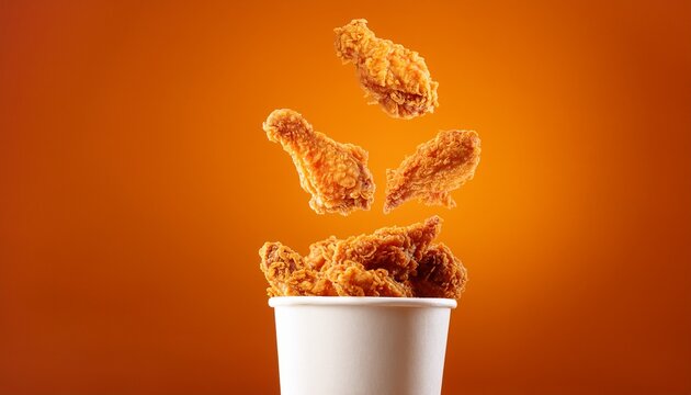 crispy fried chicken pieces falling into a paper cup on orange background