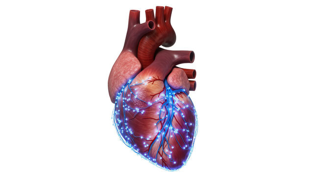 Realistic human heart with glowing blue electrical impulses, isolated on transparent background
