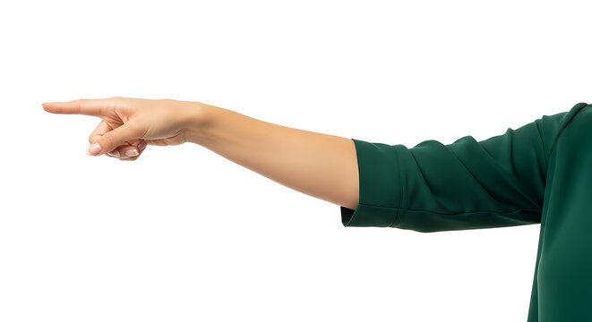 Woman's hand pointing to the left with index finger extended body part human arm pointing direction communication isolated indicating decision information attention