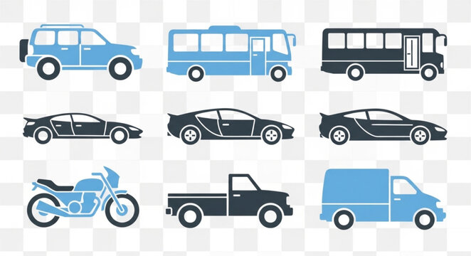 Various types of vehicles side view.