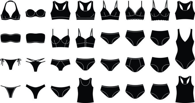 Women Lingerie and Swimwear Silhouette Set Black Underwear Bikini Bra Panties Collection Isolated