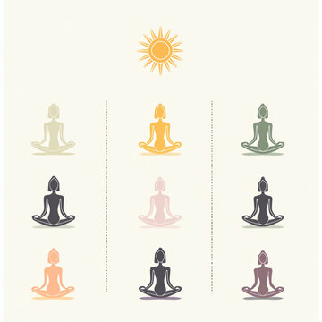 A clean vector illustration featuring the twelve postures of Yoga. The design is educational, modern, and perfect for i studio wall art.