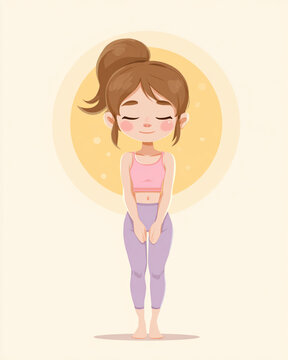 A cheerful cartoon girl with simple, rounded shapes and soft, pastel colors. Her face shows a calm, smiling expression with closed eyes and small rosy cheeks.