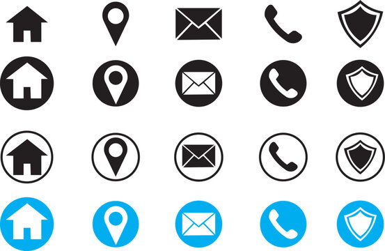 Minimalist contact icons set, 20 vector communication symbols for business website, black and blue web interface elements for mobile apps